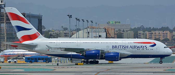 British Airways Airbus A380-841 G-XLEC, Los Angeles international Airport, May 3, 2016